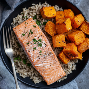 Salmon with Brown Rice & Roasted Sweet Potatoes