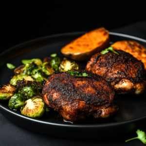 Blackened Chicken Thighs with Brussels Sprouts & Sweet Potato